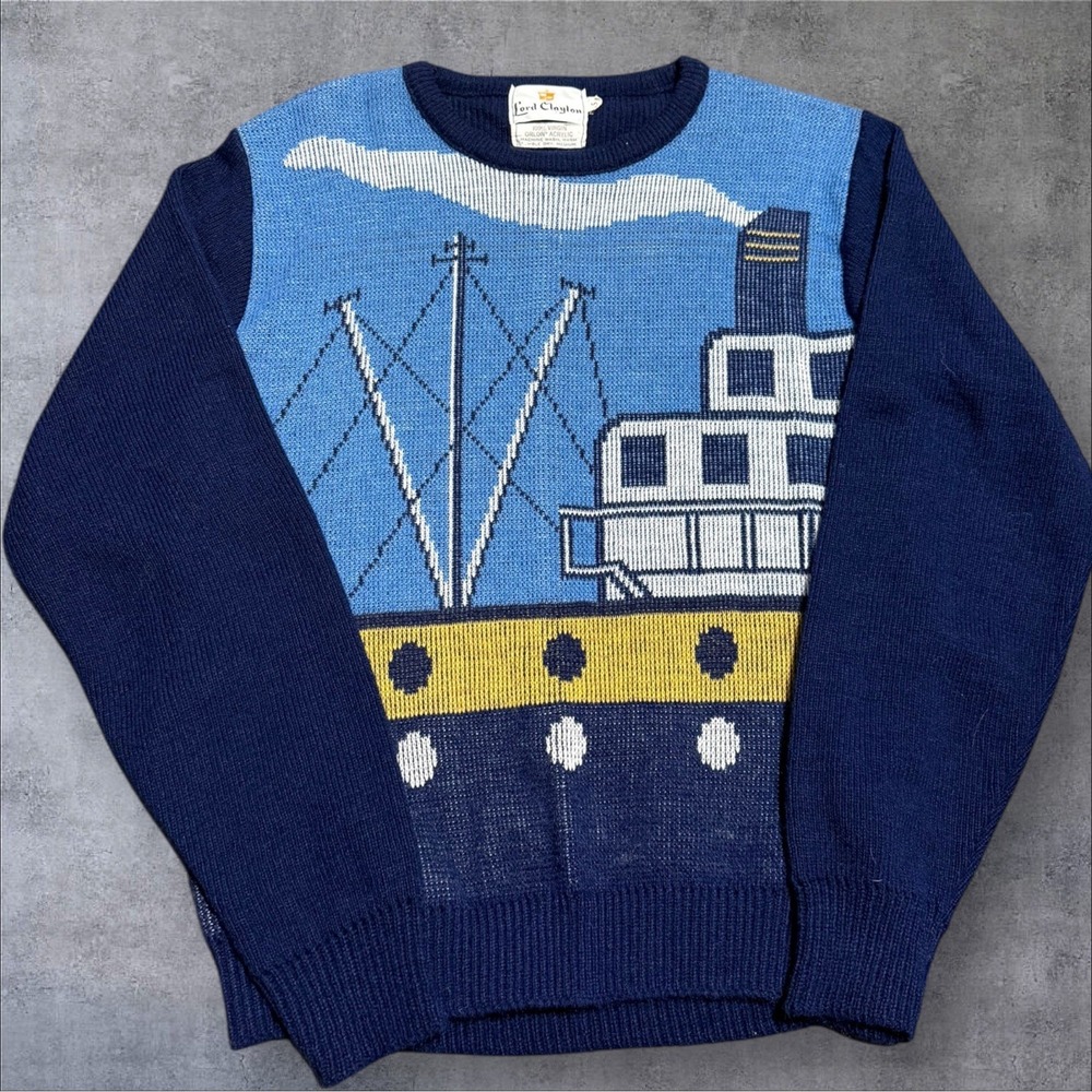 VTG Lord Clayton Sweater Small Unisex‎ Navy Cruise Ship Landscape Orlon Acrylic